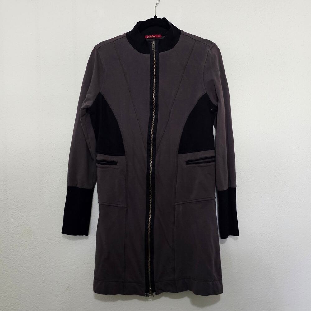 Barbara Lesser Gray Black Long Jacker Zip Up Womens Medium Lagenlook Layers